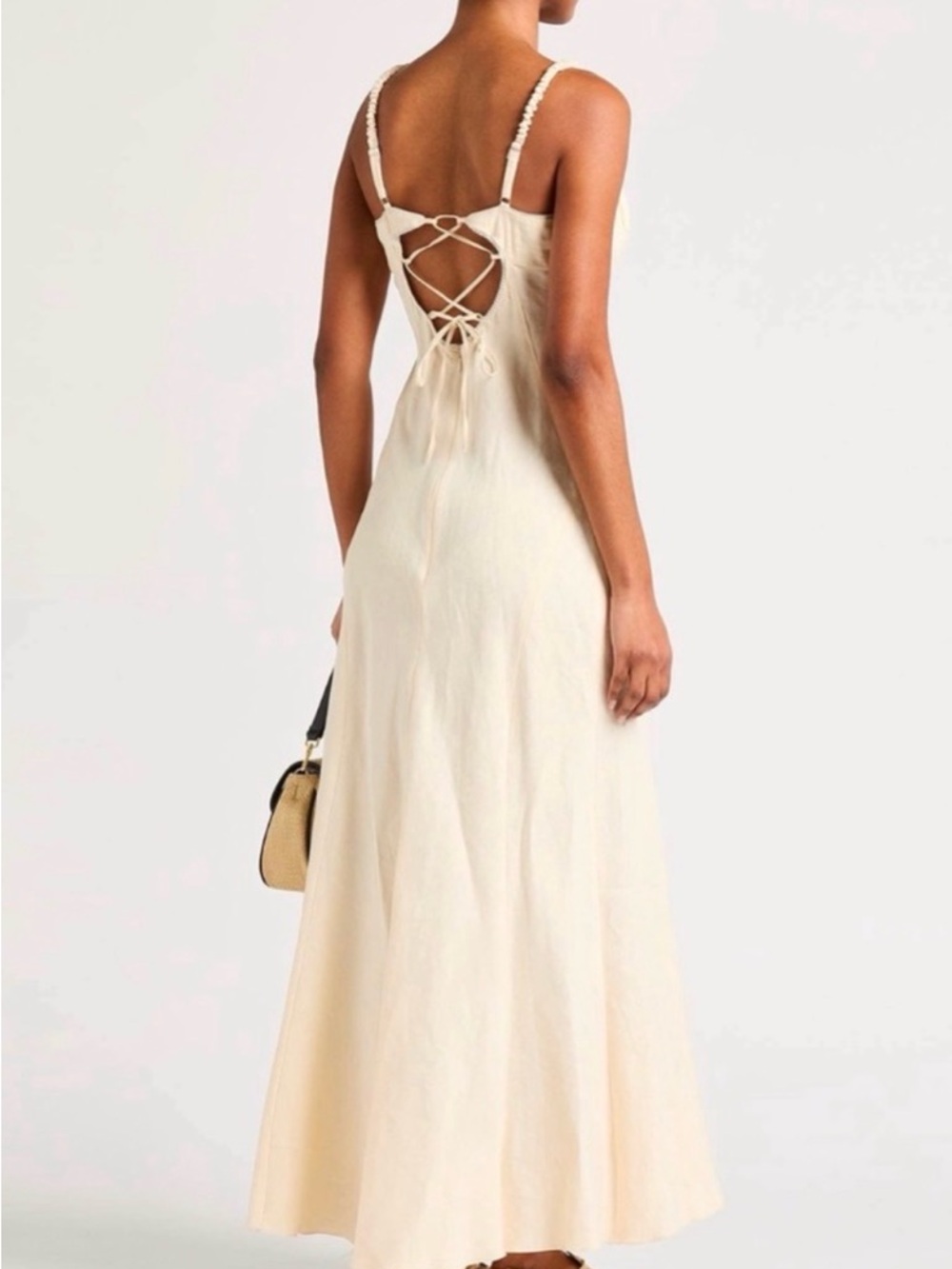 Sandro Linen Blend Cream Lace-Up Back Maxi Dress